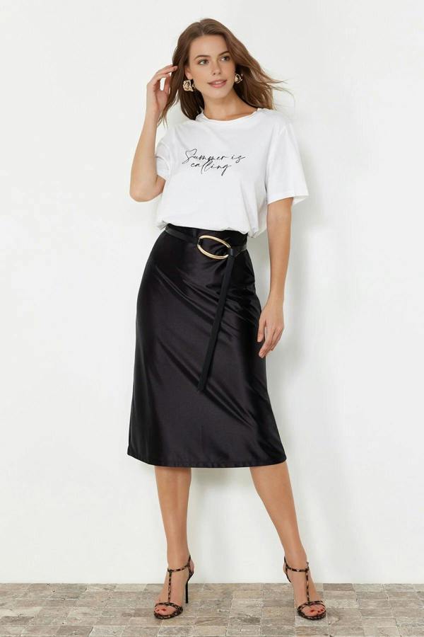 WOVCOR Satin A-Line Midi Knit Skirt
