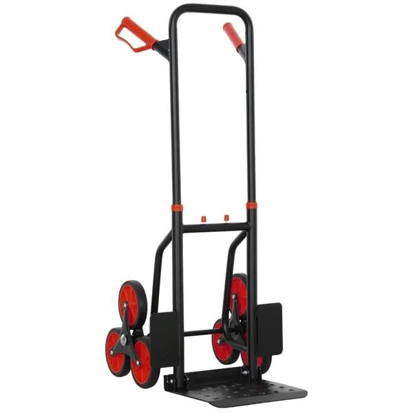 Foldable stair-climbing hand truck trolley with black frame and red wheels