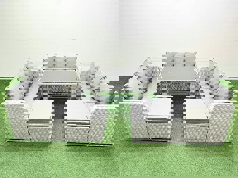 Fimous Patio Garden Furniture Sets with Black Glass Top Dining Table 3 Seater Sofa 2 Side Tables 2 Big Stool Light Grey