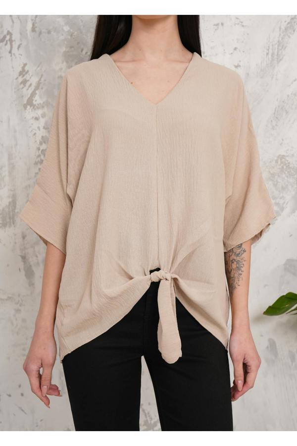 Hoxton Gal Oversized V Neck Tie Front Detailed Blouse with 3/4 Sleeves in Beige