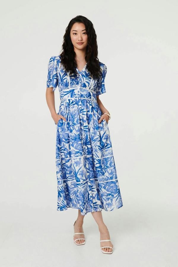 Blue | Leaf Print 1/2 Sleeve Tiered Midi Dress