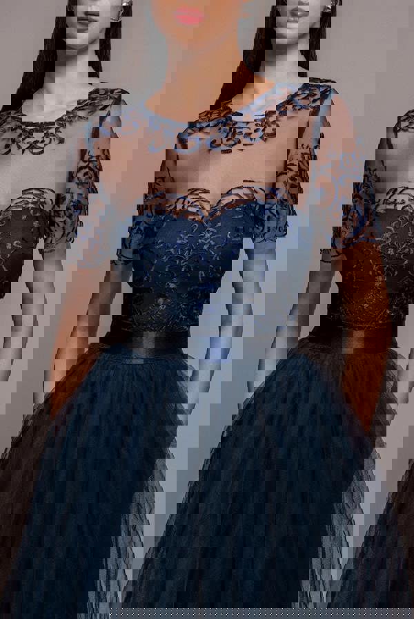 Embroidered Mesh Maxi Dress - Navy DR3584