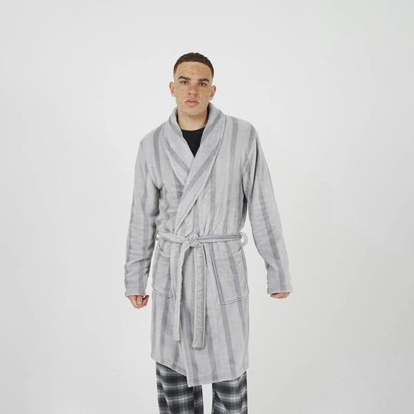 Brave Soul Grey Striped Long Length Sherpa Dressing Gown - Grey Image 1
