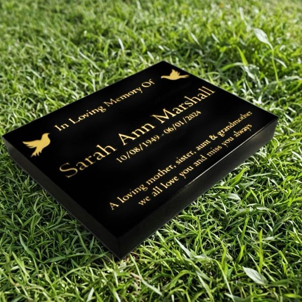 Memorials Direct Granite Memorial Tablet, Dove – Personalised Gold Engraving on Black Granite (15x12x2 inches, 20kg)