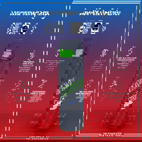 A stainless steel water bottle, featuring a Seahawks design, sits centrally. It displays a hide-away handle and a wide mouth for easy cleaning. The bottle is shown against a red and blue background, highlighting its award-winning design.