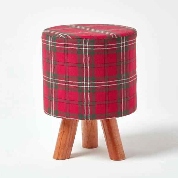 HOMESCAPES Red Tartan Fabric Footstool with Wooden Legs
