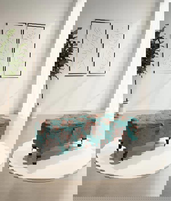 ISTOOLS Premium Teal Blue Floral Chenille Footstool – Luxury Comfort UK