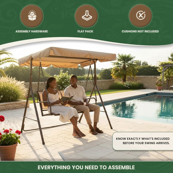 Textoline & Steel 2 Seater Swing Seat with Adjustable Angled Canopy, Light Beige Textoline and Brown Steel Frame, Flat Pack