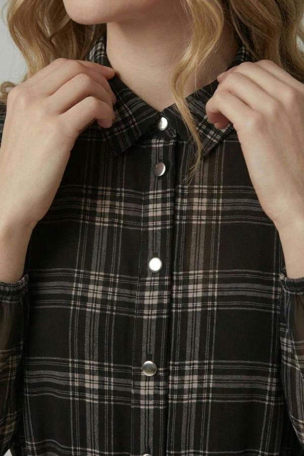 Black | Checked Long Sleeve Short Shirt Dress