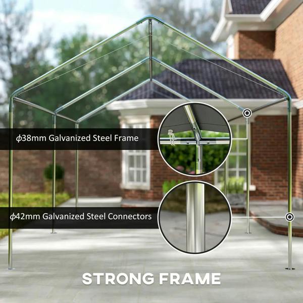 Galvanized steel frame connectors and roof poles for grey carport canopy, close-up
