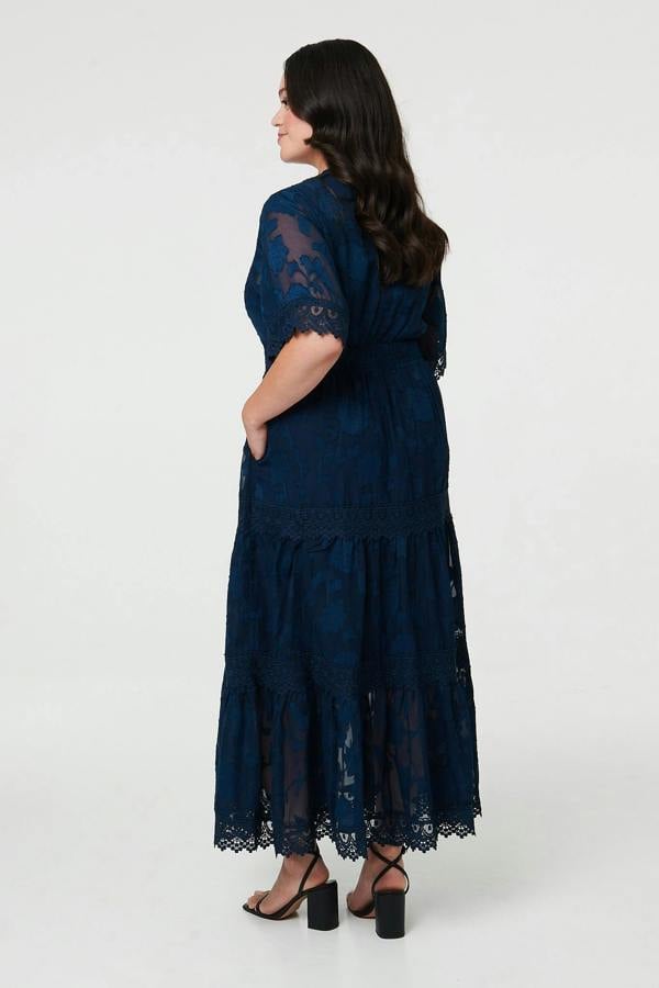 Navy | Curve Floral Lace 1/2 Sleeve Maxi Dress
