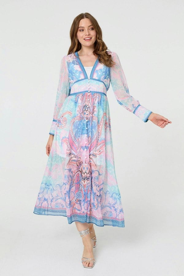 Blue | Border Print Layered Empire Midi Dress
