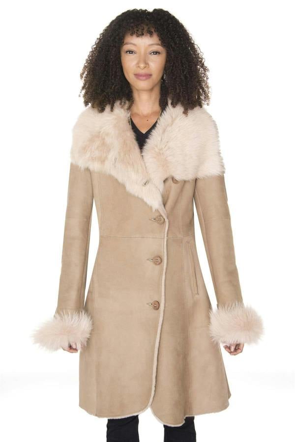 Infinity Leather Womens Suede Merino Shearling Coat with Toscana Collar-Hanoi