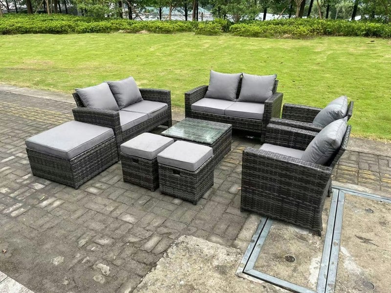 Fimous 9 Seater Dark Grey Mixed High Back Rattan Sofa Set Coffee Table Garden Furniture Outdoor 3 Stools