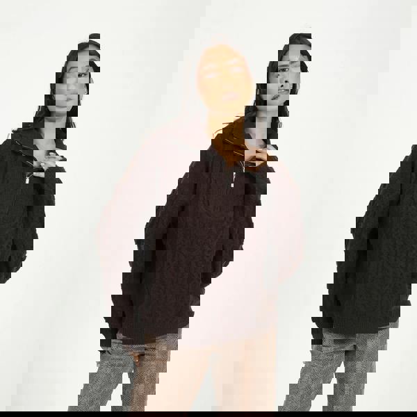 Brave Soul Brown Quarter Zip Cable Knit Jumper - Brown Image 1