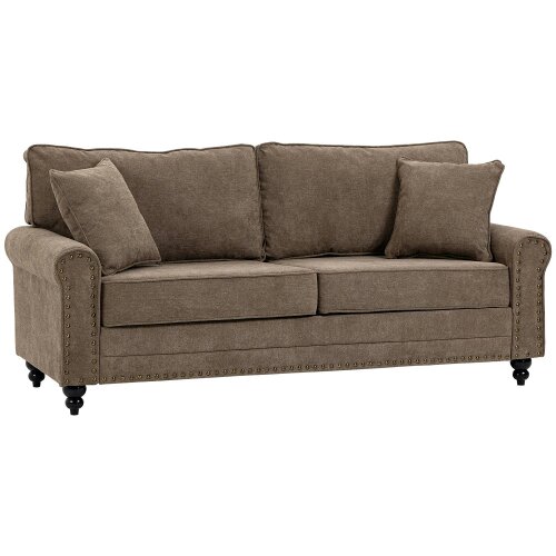 Wyld Haus Soleka Fabric Brown 3 Seater Sofa With Rubberwood Legs Nail Head Trim And 2 Cushions