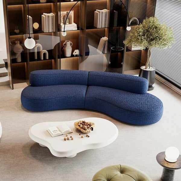 Detail view of Selim Three Seater Curved Sofa, Modular Sofa, Blue with curved corner sofa