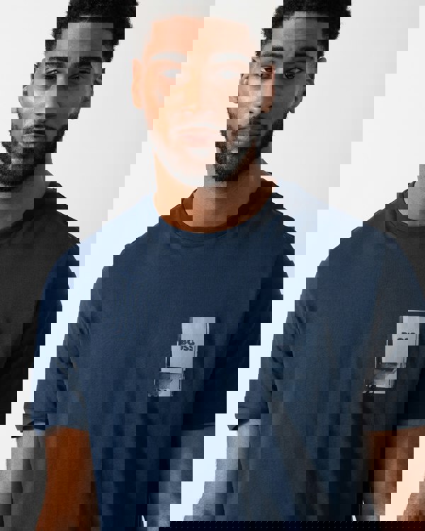 Detail shot of a Model wearing a BOSS Orange TePlain Mens T-Shirt in Open Blue