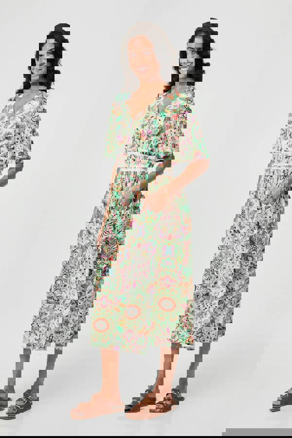 Green | Printed 1/2 Flared Sleeve Midi Dress
