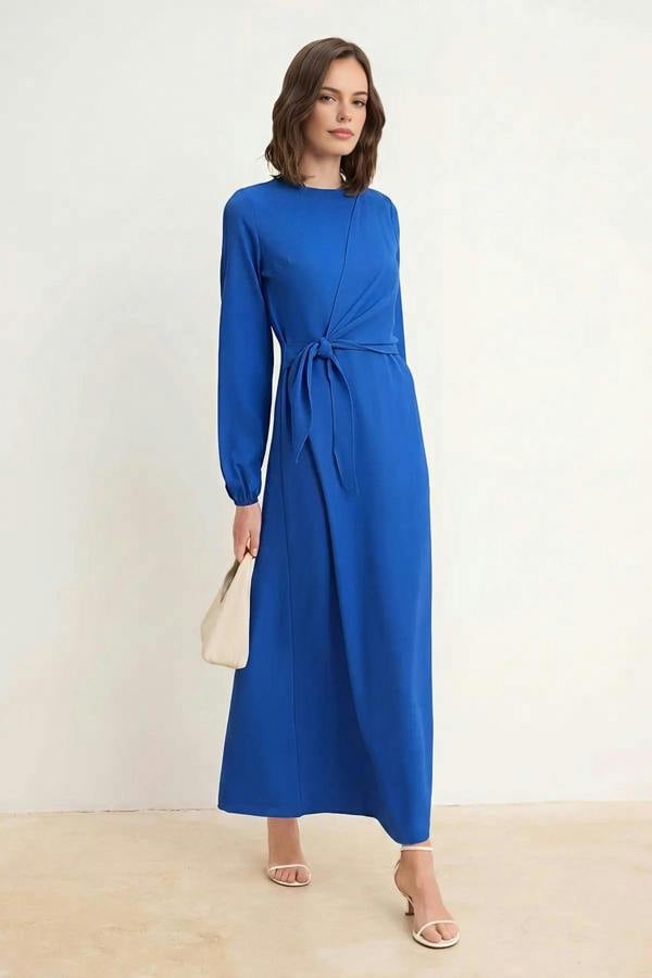 WOVCOR Tie Waist Long Sleeve Maxi Dress