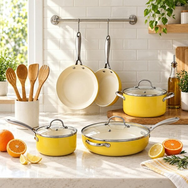 Gr8 Home 12 Pcs Ceramic Non Stick Induction Cookware Set Yellow Pots & Pans Lids Utensils