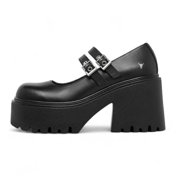 Windsorsmuth Lessons - Women's Black Leather Chunky Heel Buckle Shoes