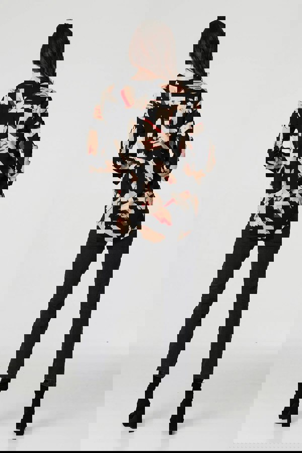 Black | Printed Collarless V-Neck Blouse