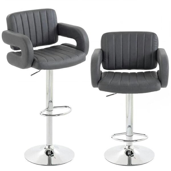 Bar Stools Adjustable Swivel Kitchen Chairs with Backrest Armrest Set of 2 PU Leather Grey