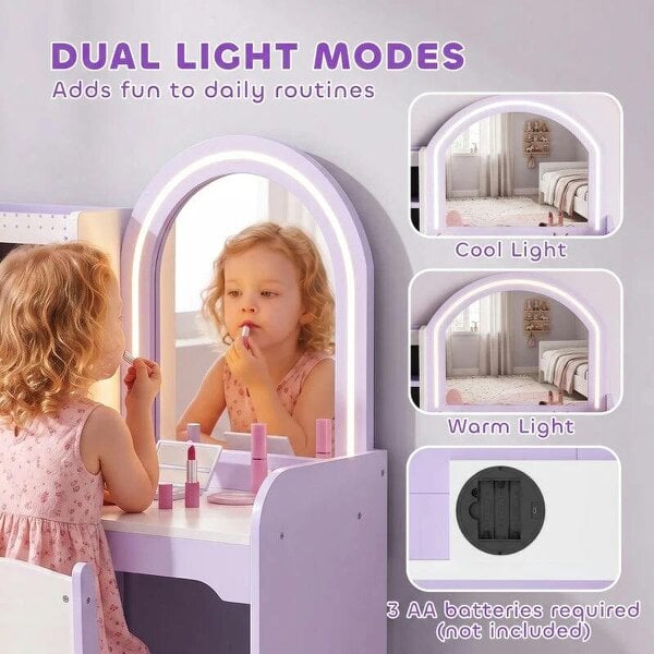 Kids Vanity Set, Kids Dressing Table with Stool, 2-Colour Lights Mirror, Pretend Dresser Gift for Ages 3-8, Purple