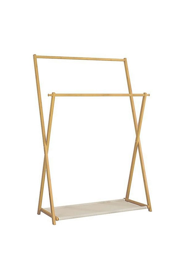 Living and Home 2-Rod Bedroom Floor Stand Solid Wooden Cloak Coat Rack Garment Shelf Holder