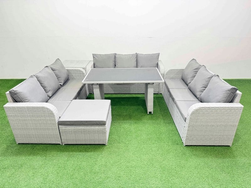 Fimous Patio Garden Furniture Sets with Black Glass Top Dining Table 3 Seater Sofa Side Table Big Stool Light Grey