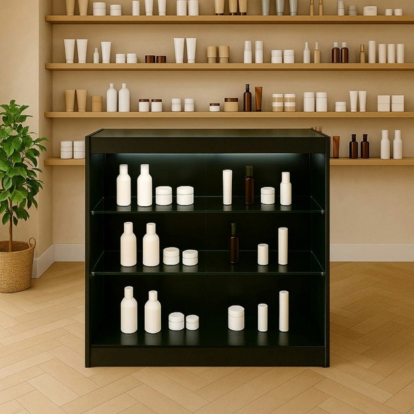 Black LED retail shop counter K900 with glass shelves displaying various white and brown cosmetic containers in a modern setting