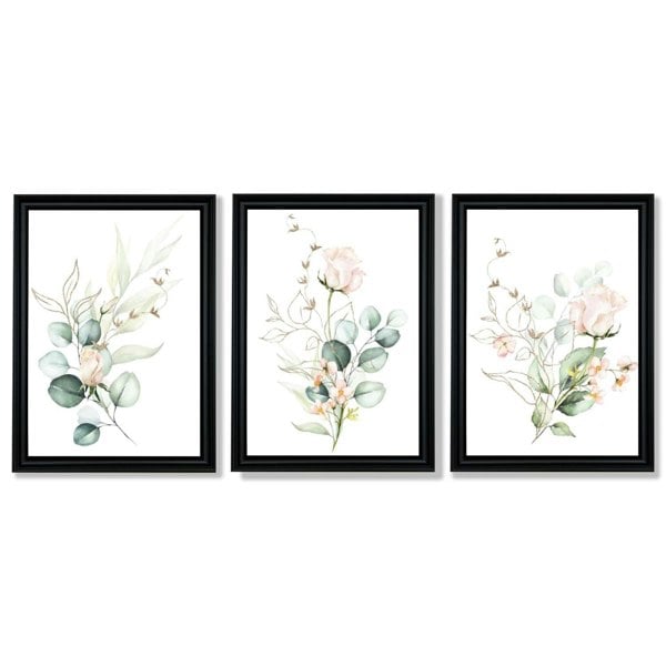 Pink Floral Roses Set of 3 Framed Art Prints with Vermeer Black Frames