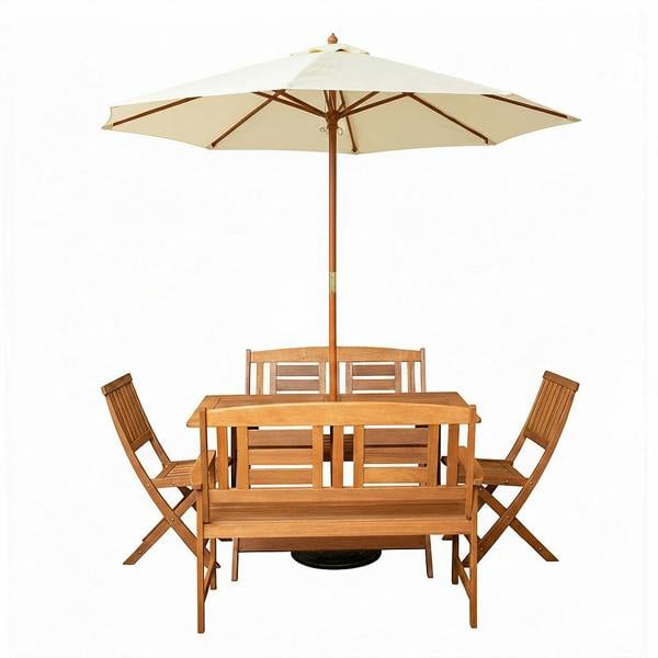 Samuel Alexander Outdoor 6 Person Folding Rectangular Wooden Garden Dining Table Chairs and 2 Benches Cream Parasol and Base set