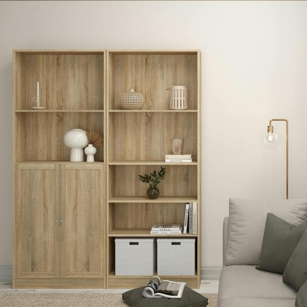 Furniture To Go Basic Tall Wide Combination Storage in Oak (4 Shelves) with 2 Oak Doors