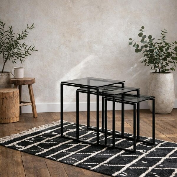 Wyld Haus Set of 3 Frederikssund Grey Glass Nesting Coffee Tables