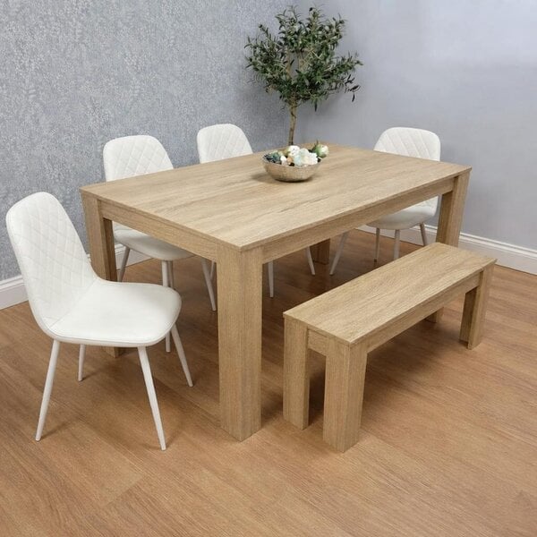Kosy Koala Dining Table Set Oak Effect Table With 4 White Chairs And Bench Dining Room Furniture