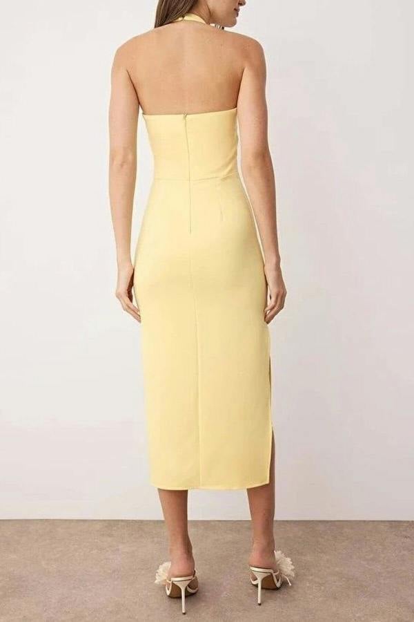 WOVCOR Body-Fitting Midi Woven Dress with Slit Detail