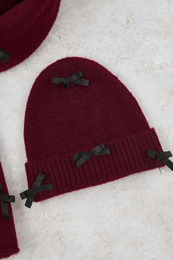 WOVCOR 2-Piece Soft Textured Knit Scarf and Beanie Set with Ribbon Detail