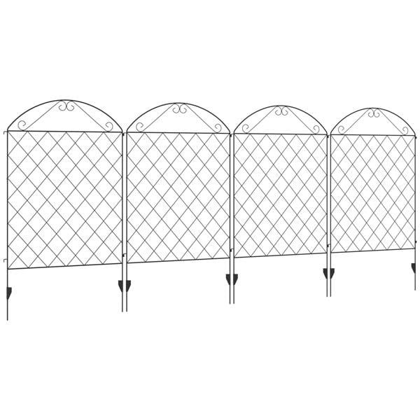 Black metal picket fence panels with arched tops and diamond mesh for garden edging