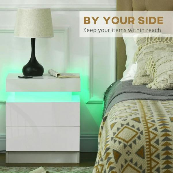 White two-drawer nightstand with bright green LED light along the underside