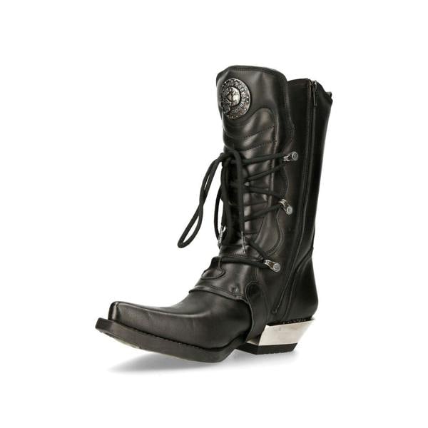 New Rock Black Leather Cowboy Buckle Boots- M-7993-S1