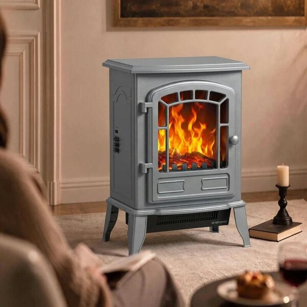 Electric Fireplace Stove, 1000W/2000W, Freestanding Electric Fire with LED Flame Effect, Adjustable Thermostat, Grey
