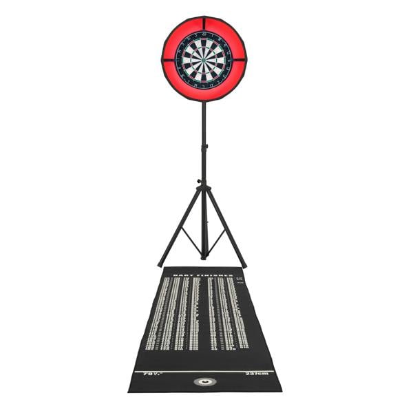Dart board set featuring a vibrant LED surround, mounted on a black tripod, with a scoring mat below for easy gameplay tracking