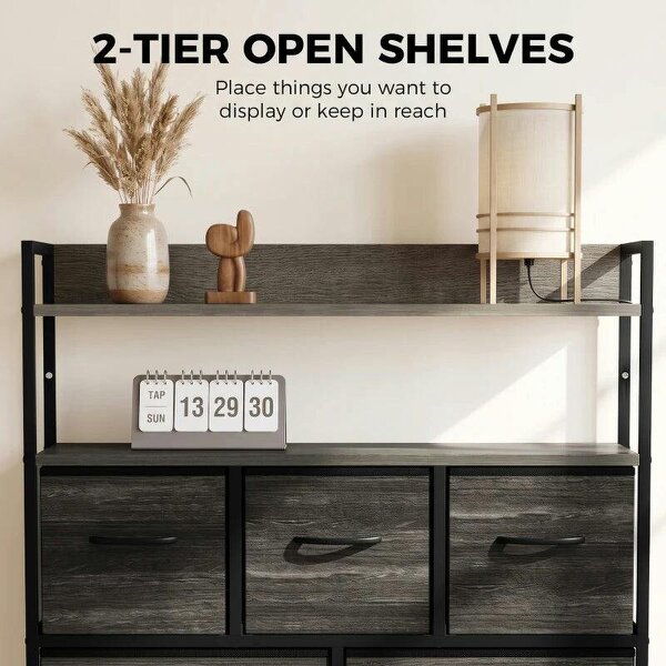 Chest of Drawers, Bedroom Fabric Dresser with 7 Drawers, Storage Organiser Unit with Open Shelves, Grey Wood-Effect