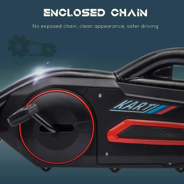 Red and black kids pedal go-kart with enclosed chain cover on the side