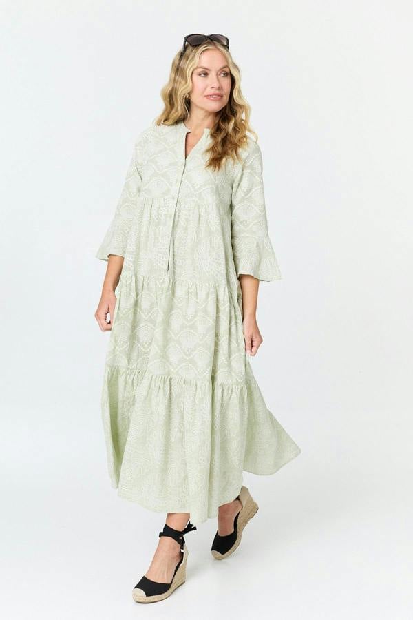 Sage | Printed 3/4 Flare Sleeve Maxi Dress