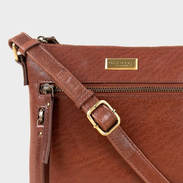 Assots London 'RUE' Brown Polished VT Real Leather Crossbody Bag