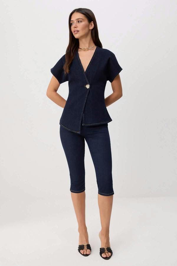 WOVCOR Button Detail V Neck Asymmetric Long Sleeve Blouse