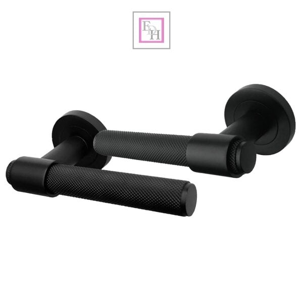 EDH Door Hardware Knurled Door Handles Matt Black Loop & Neck Lever on Round Rose Latch